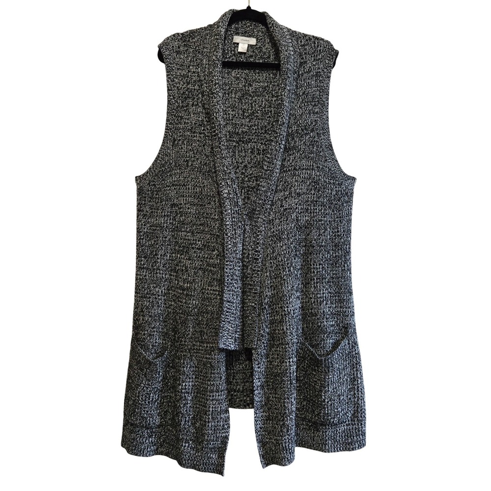 CJ Banks Womens 1X Black White‎ Marled Knit Open Front Vest Cardigan Pockets